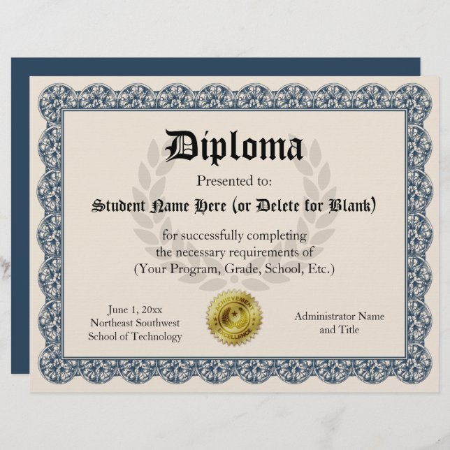 Diploma Certificate of Abschluss Blue 8.5x11 (Vorne/Hinten)