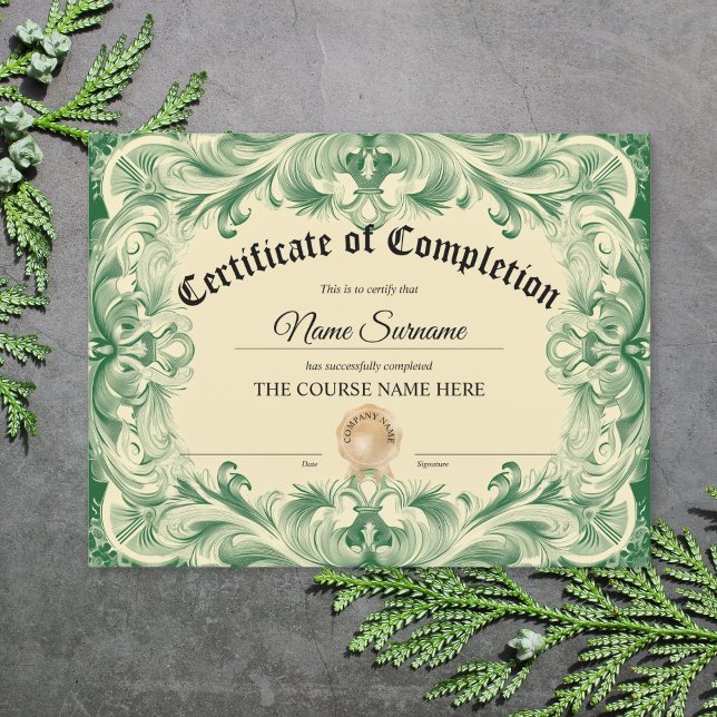 Diplomakademie (certificate of completion with green ornate border)
