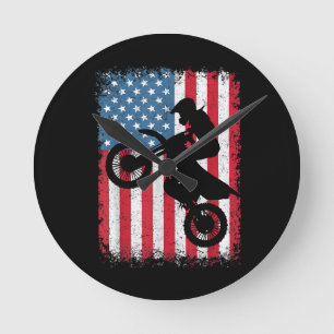 Dirt Bike American Flag Motocross Biker Men Boys V Runde Wanduhr