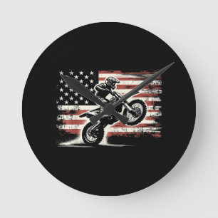 Dirt Bike Amerikanische Flagge Motocross Biker Vin Runde Wanduhr