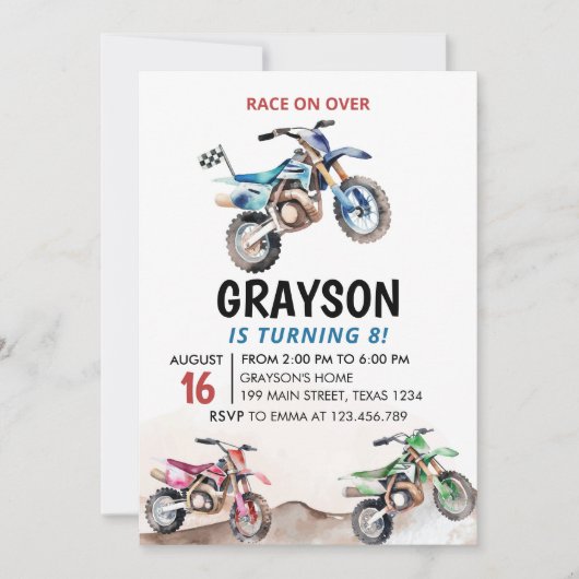 Dirt Bike Birthday Einladung Racing Motorrad (Vorderseite)