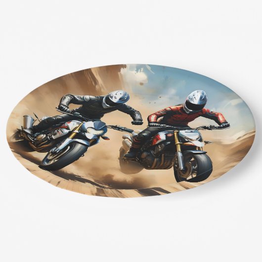 Dirt Bike Motorräder Racing in der Wüste, Pappteller (Schrägansicht)