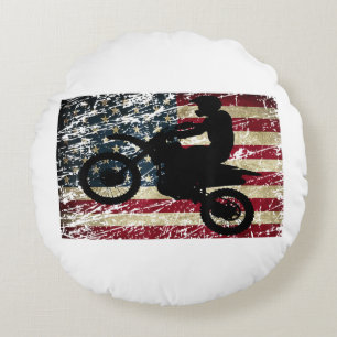 Dirt Bike USA Flag T - Shirt Motocross American Fl Rundes Kissen