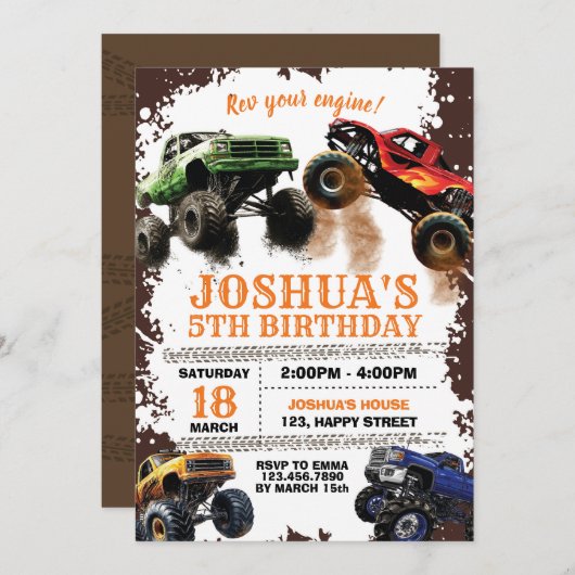 Dirt Monster Truck Einladung zum Geburtstag (Vorne/Hinten)