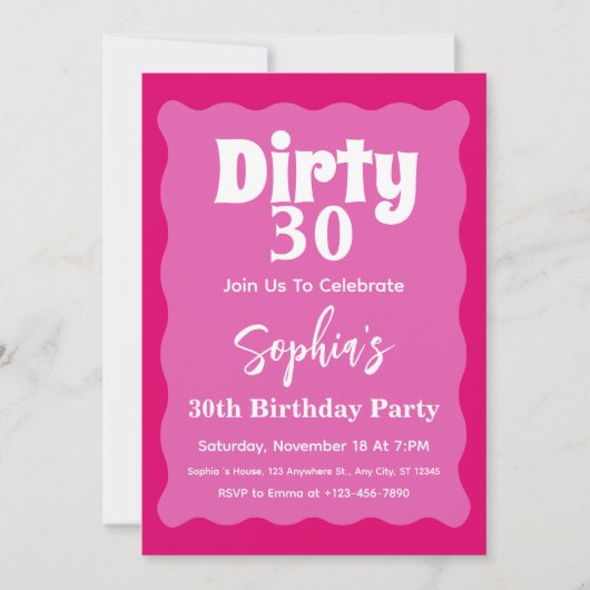Dirty30 Hot Pink Wavy Curve Squiggle 30. Geburtsta Einladung (Vorderseite)