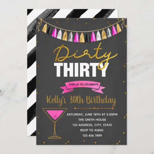 Dirty-30-Rosa-Party Einladung (Vorne/Hinten)