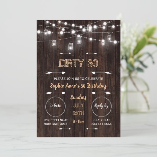 Dirty 30 String Lights verbirgen jedes Alter Gebur Einladung (Stehend Vorderseite)