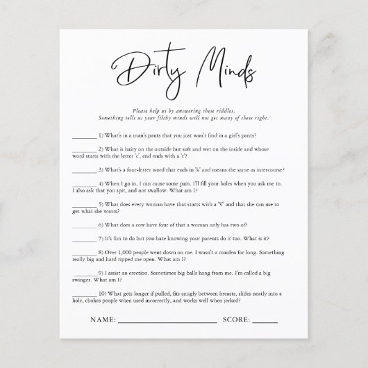 Dirty Minds | Brautparty Game (Vorderseite)