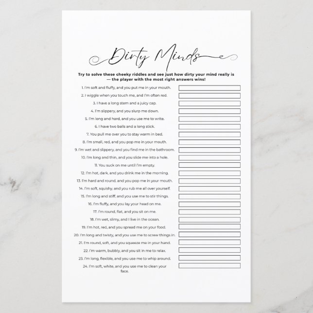 Dirty Riddles Bachelorette Party Game (Vorderseite)