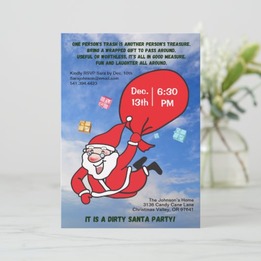 Dirty Santa Party Flying with a Blue Sky Christmas Einladung (Stehend Vorderseite)