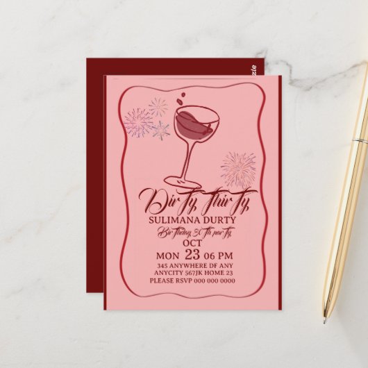 Dirty thirty birthday invitation template, cherry  postkarte (Vorderseite/Rückseite Beispiel)