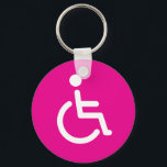 Disabled symbol or pink handicap sign for girls schlüsselanhänger<br><div class="desc">Keychain or keyring featuring a white and hot pink disabled sign or handicap symbol with a handicapped man sitting down in a wheelchair. Girly version of the classic symbol used for handicap parking,  toilets for disabled and handicapped persons and more. Also available in other colors.</div>