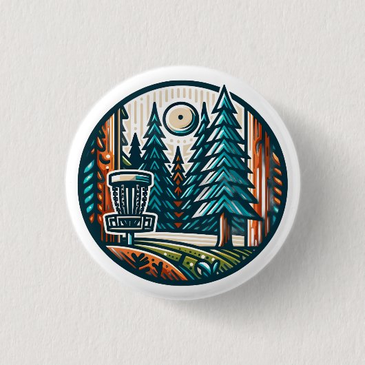 Disc Golf im Wald Retro-Vibe-Kunst Button (Vorderseite)