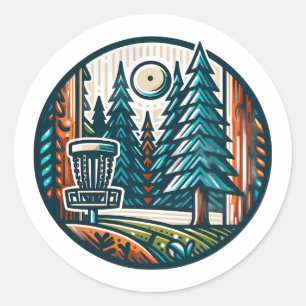 Disc Golf im Wald Retro-Vibe-Kunst Runder Aufkleber