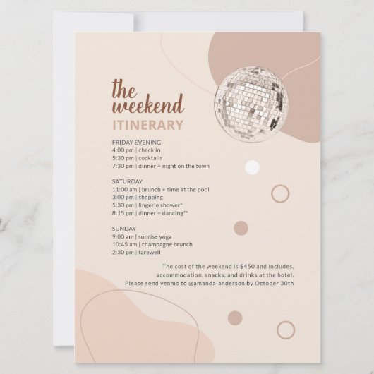 Disco Bachelorette Wochenende Party mit Aussicht Einladung (Rückseite)