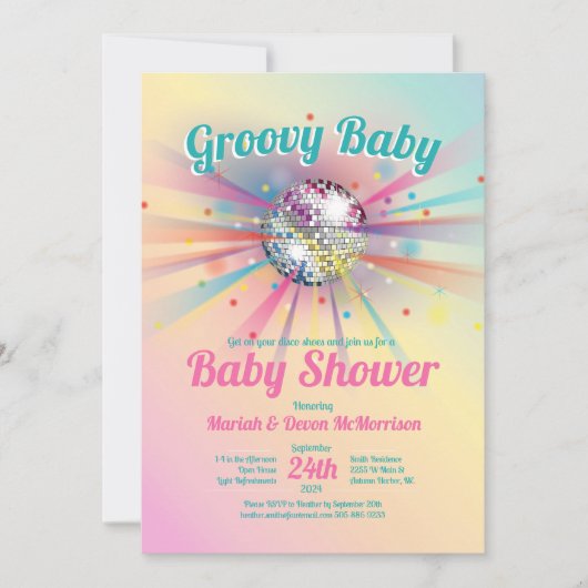 Disco Ball Baby Dusche Groovy Pastel Rainbow Einladung (Vorderseite)