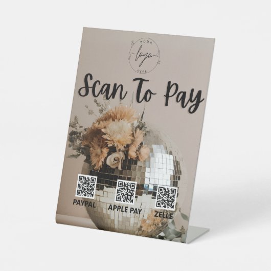 Disco Ball | Blumen | QR-Code | Zahlungszeichen Sockelschild (Vorderseite)