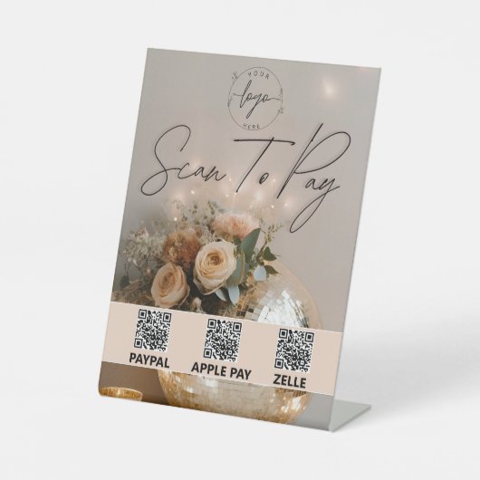 Disco Ball | Boho Florals | QR-Code | Zahlungszeic Sockelschild (Vorderseite)