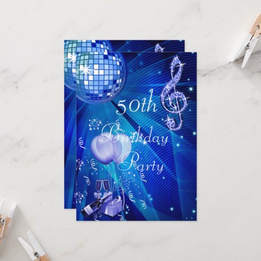 Disco Ball, Champagne & Balloons 50. Geburtstag Einladung (Vorderseite/Rückseite Beispiel)