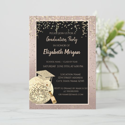 Disco Ball Confetti, Wine Rose Gold Abschluss Einladung (Stehend Vorderseite)