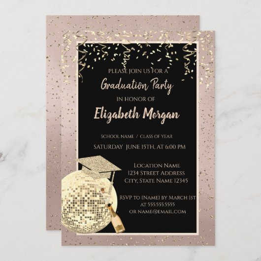Disco Ball Confetti, Wine Rose Gold Abschluss Einladung (Vorne/Hinten)