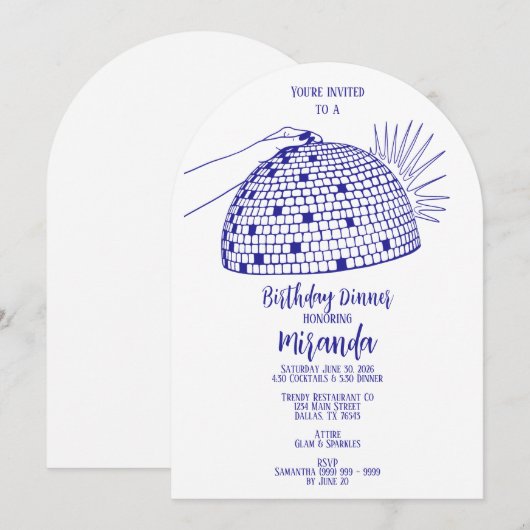 Disco Ball Dinner Einladung blau (Vorne/Hinten)