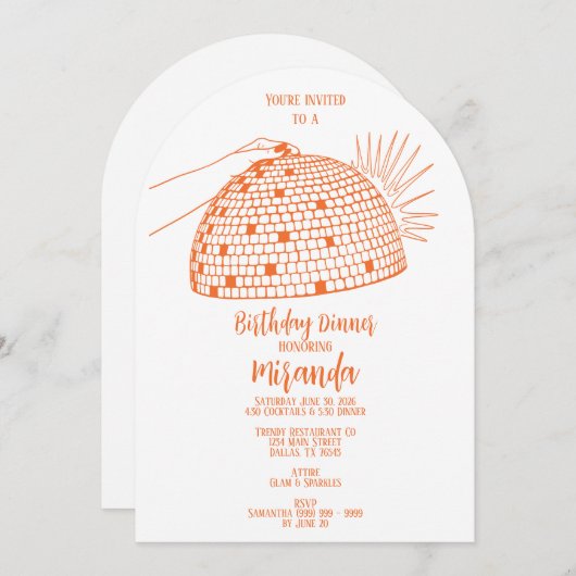 Disco Ball Dinner Einladung Orange (Vorne/Hinten)