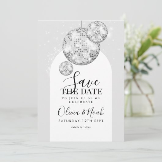 Disco Ball Engagement Party Save The Date (Stehend Vorderseite)
