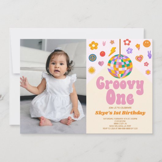 Disco Ball Groovy One Picture 1st Birthday Party Einladung (Vorderseite)