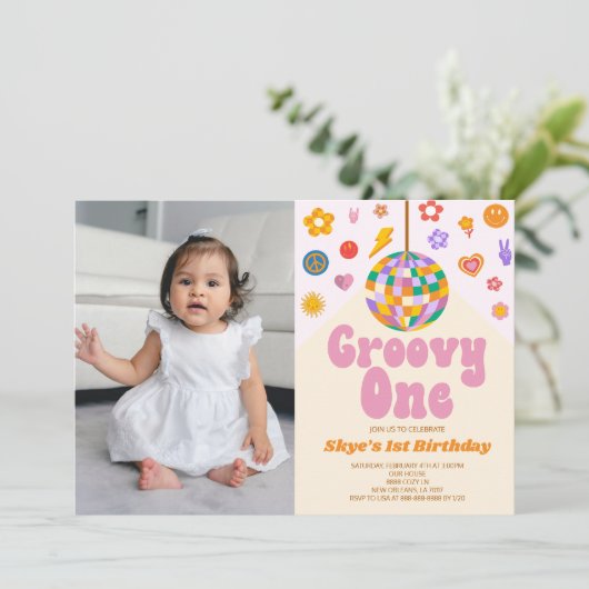 Disco Ball Groovy One Picture 1st Birthday Party Einladung (Stehend Vorderseite)