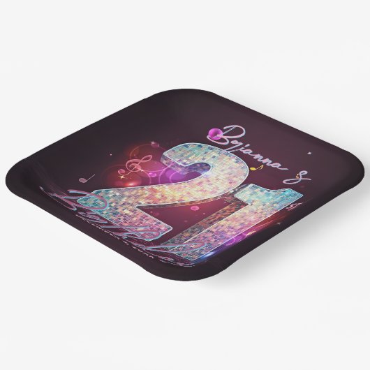 Disco Ball Musical Notes Pink 21st Birthday Pappteller (Gewinkelt)