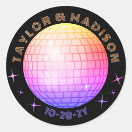 Disco Ball Names Wedding Date Orange Blue Magenta Runder Aufkleber