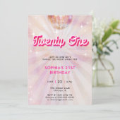 Disco Ball Pink Aquamarin Retro Dance 21. Geburtst Einladung (Stehend Vorderseite)