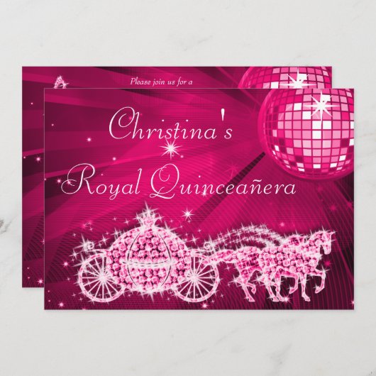 Disco Ball, Princess Coach & Horses Quinceañera Einladung (Vorne/Hinten)