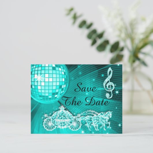 Disco Ball, Princess Coach & Horses Save the Date Ankündigungspostkarte (Stehend Vorderseite)