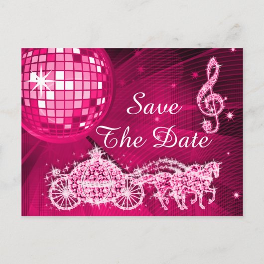 Disco Ball, Princess Coach & Horses Save the Date Ankündigungspostkarte (Vorderseite)