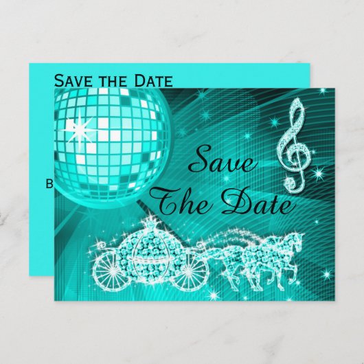 Disco Ball, Princess Coach & Horses Save the Date Ankündigungspostkarte (Vorne/Hinten)