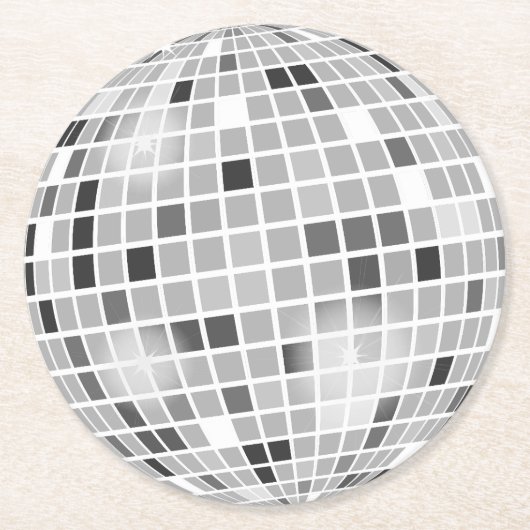 Disco Ball Retro 70er Silver Black Runder Pappuntersetzer (Vorderseite)