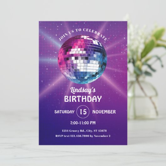 Disco Ball Retro Geburtstag Einladung (Stehend Vorderseite)