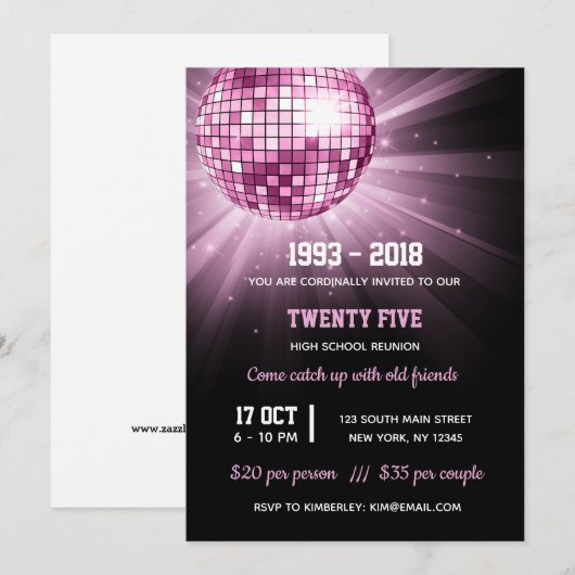 Disco Ball rosa Einladung (Vorne/Hinten)