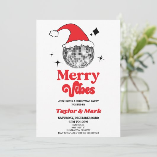 Disco Ball Santa Hat Retro Christmas Holiday Party Einladung (Stehend Vorderseite)