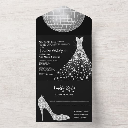 Disco Ball, Stiletto & Ball Gown Quinceñera All In One Einladung (Innen Boden)