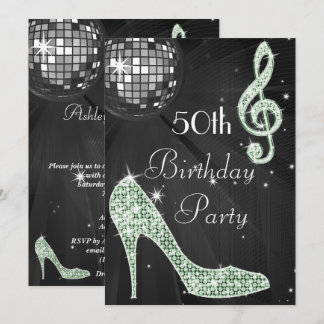 Disco Ball und Heelse Black & Mint 50. Geburtstag Einladung