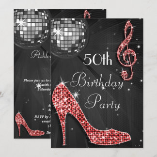 Disco Ball und Heelse Black & Red 50. Geburtstag Einladung
