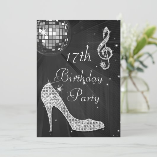 Disco Ball und Heelse Black & Silver 17. Geburtsta Einladung (Stehend Vorderseite)
