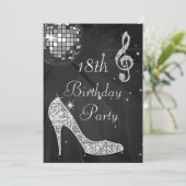 Disco Ball und Heelse Black & Silver 18. Geburtsta Einladung (Stehend Vorderseite)