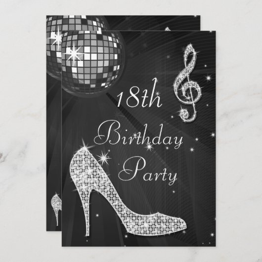 Disco Ball und Heelse Black & Silver 18. Geburtsta Einladung (Vorne/Hinten)
