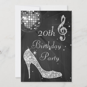 Disco Ball und Heelse Black & Silver 20. Geburtsta Einladung