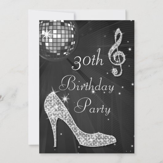 Disco Ball und Heelse Black & Silver 30. Geburtsta Einladung (Vorderseite)
