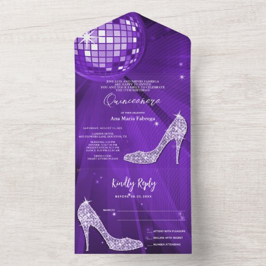 Disco-Ball und Heelse Lila Quinceñera All In One Einladung (Innen Boden)